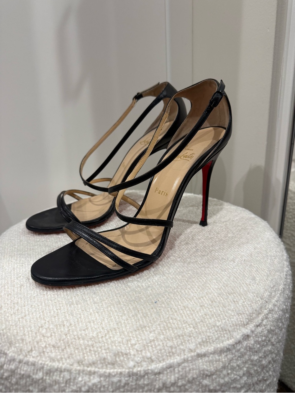 Christian Louboutin Black Leather Strappy Wrap Heel Sandals